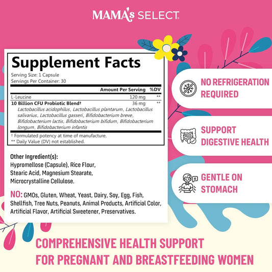 Mama's Select Prenatal Probiotics capsules highlight daily postpartum digestion and lactation support.