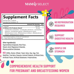 Mama's Select Prenatal Probiotics capsules highlight daily postpartum digestion and lactation support.