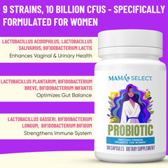 Mama's Select Prenatal Probiotics packaging image communicates clean, USA-made quality.