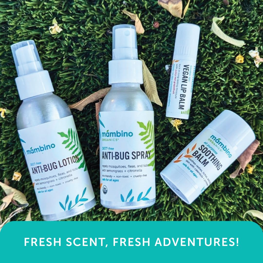 Mambino Organics spray in diaper bag for family trips.