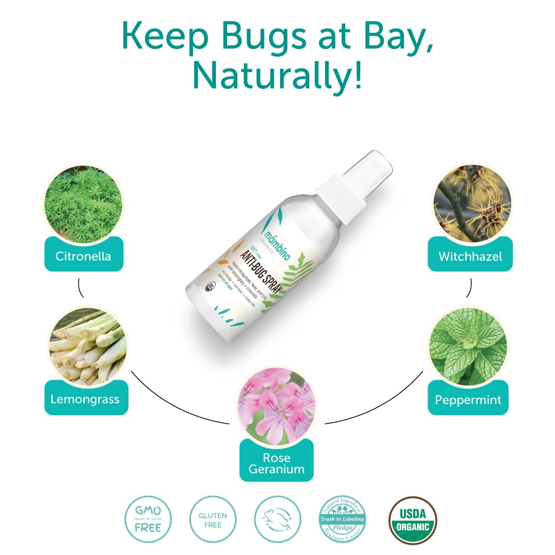 Mambino Organics Anti-Bug Spray label closeup shows organic formula.