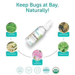 Mambino Organics Anti-Bug Spray label closeup shows organic formula.