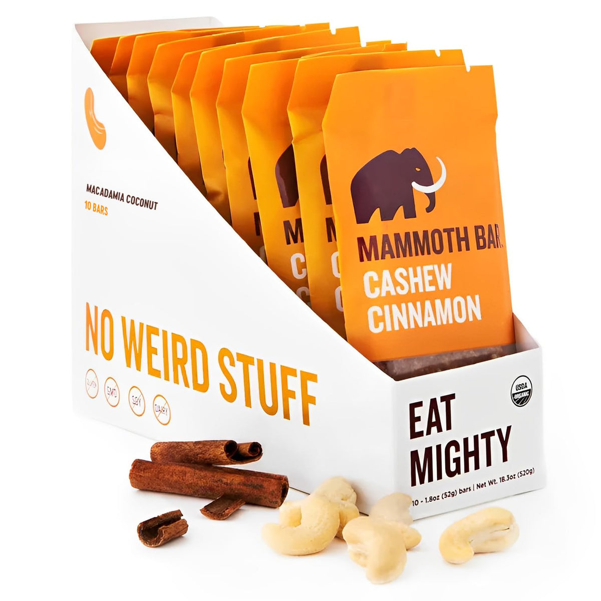 Mammoth Bar cashew cinnamon pack shot highlights organic ingredients for on-the-go energy
