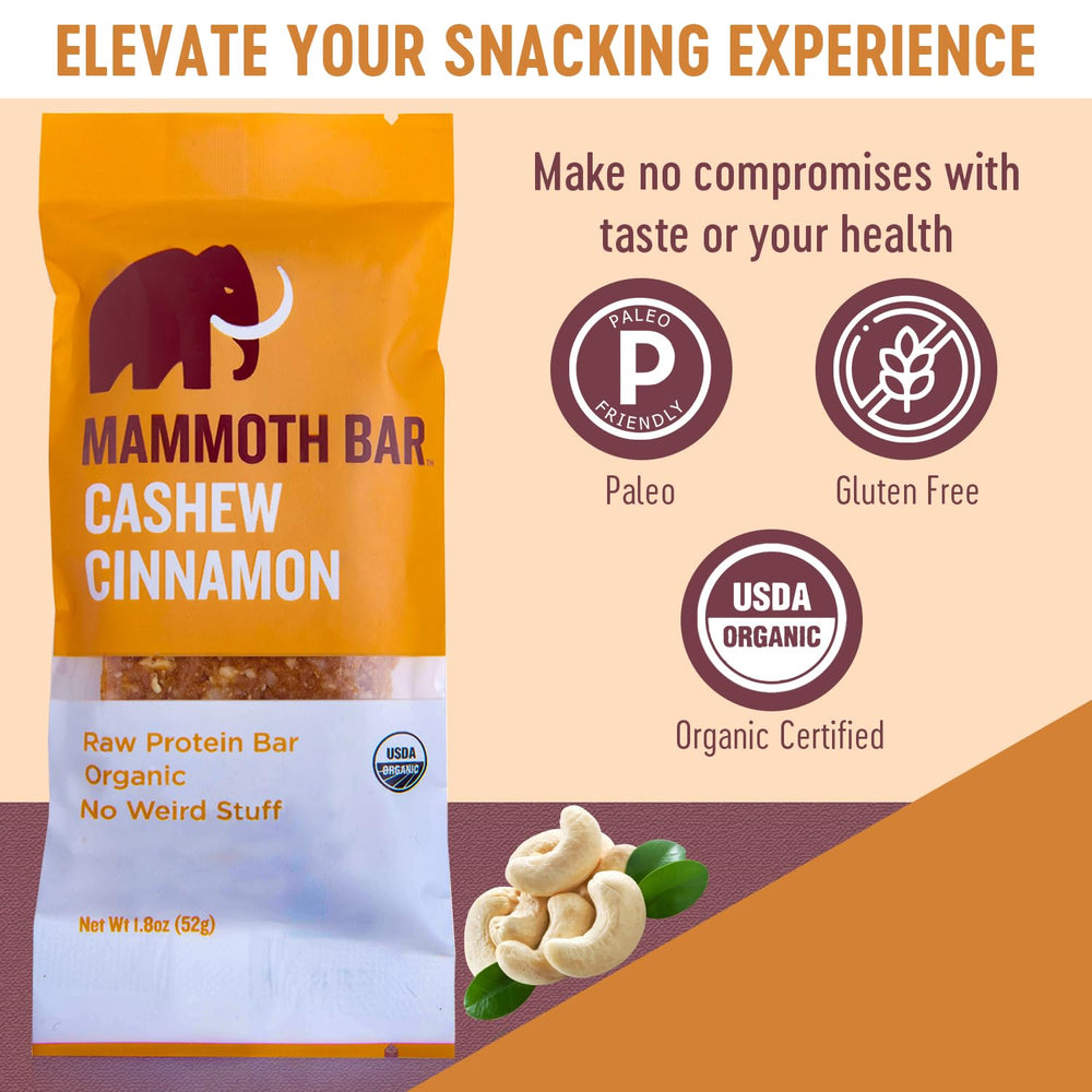 Mammoth Bar cashew cinnamon packaging communicates gluten-free, raw nutrition