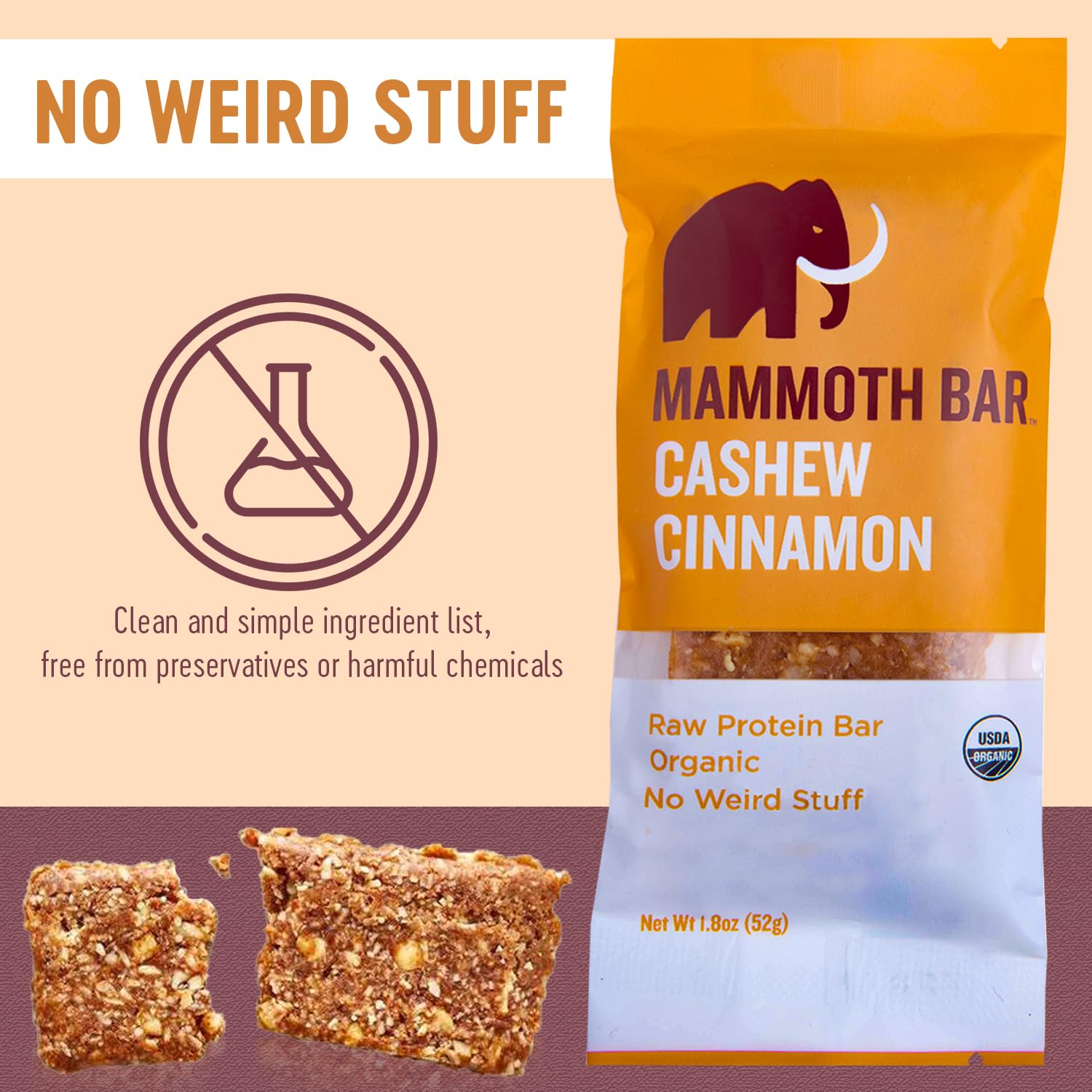 Mammoth Bar cashew cinnamon textured bite reveals chewy goodness