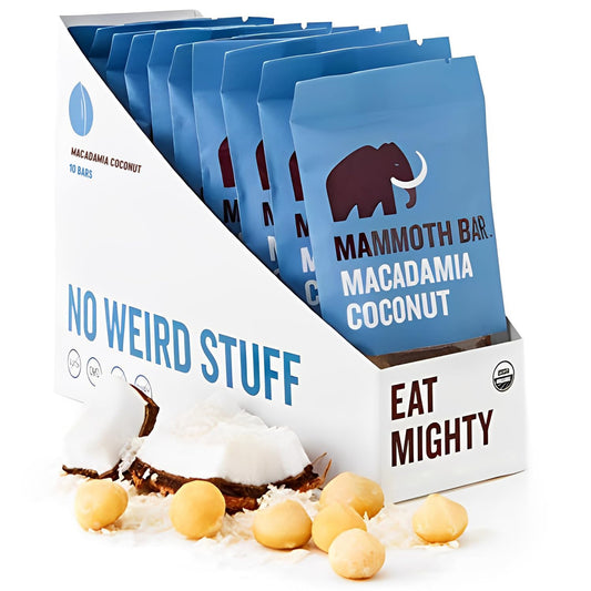 Mammoth Bar macadamia coconut bar close-up highlighting premium nuts for a satisfying snack.