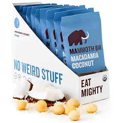 Mammoth Bar macadamia coconut bar close-up highlighting premium nuts for a satisfying snack.