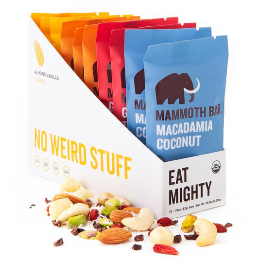 Mammoth Bar Variety Pack showing 10 organic protein bars for on-the-go energy