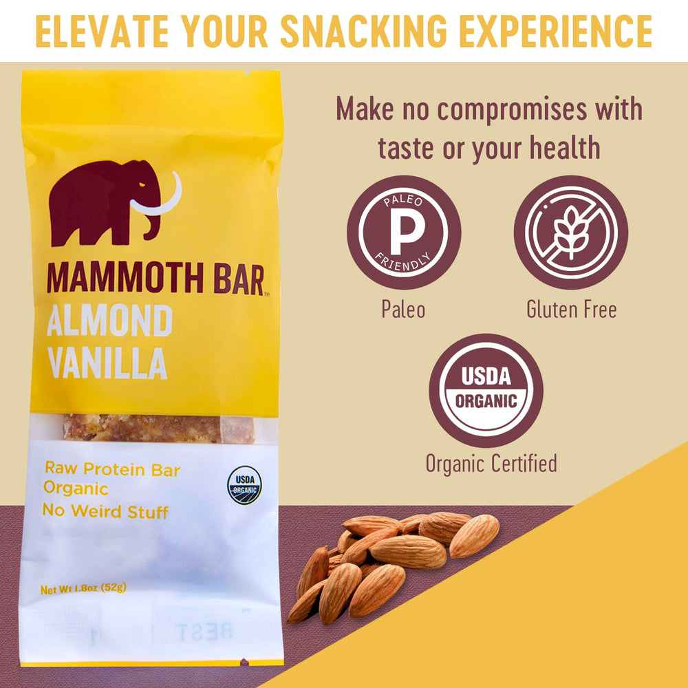 Mammoth Bar Almond Vanilla ingredients close-up showing almonds and vanilla