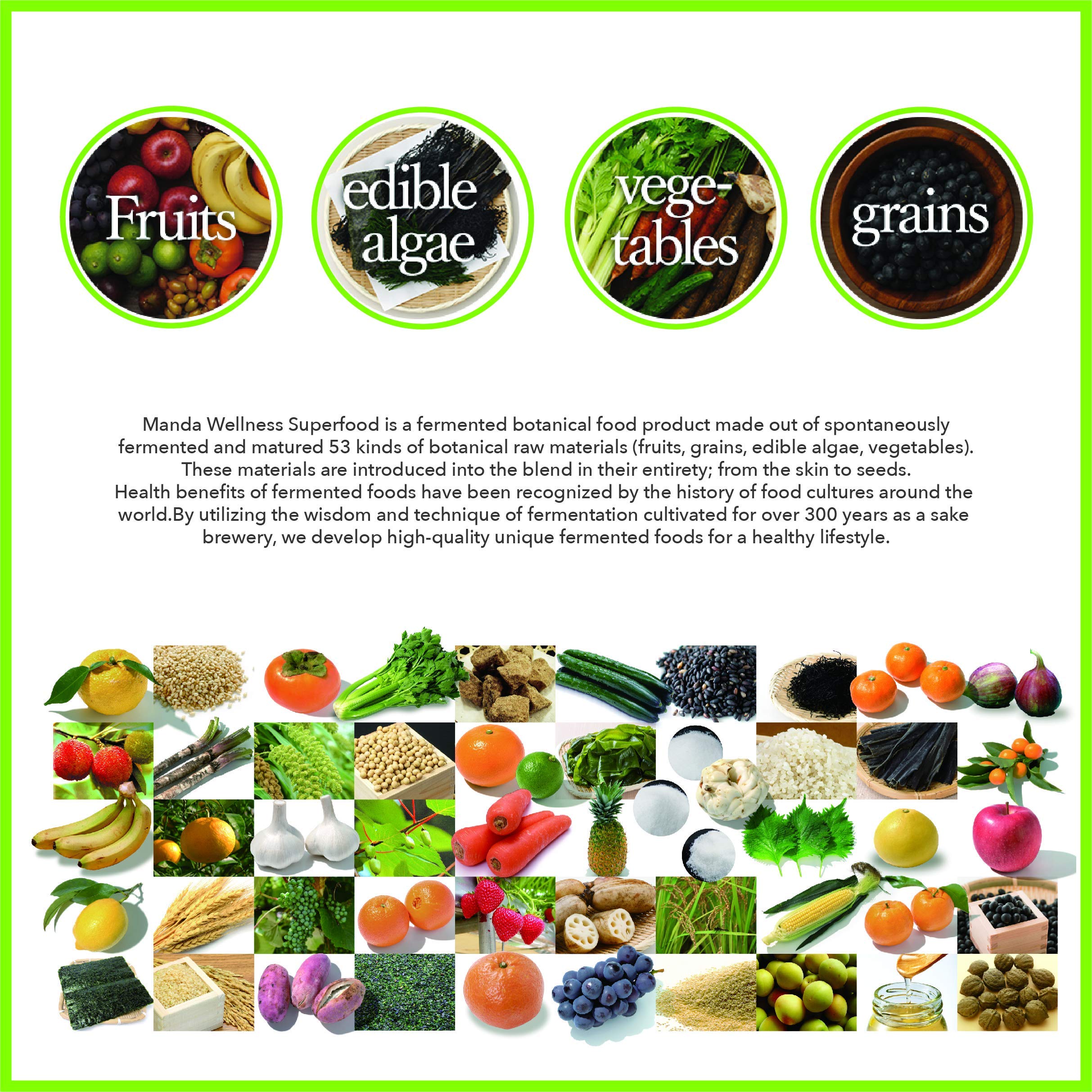 Manda Wellness Super Food ingredients, 53 components for diverse nutrient profiles.