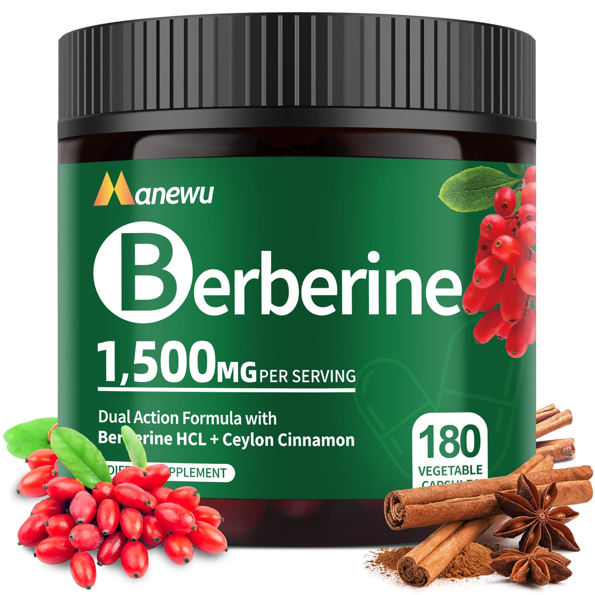 Manewu Berberine 1500mg capsules in bottle for daily wellness support with cinnamon and bergamot.