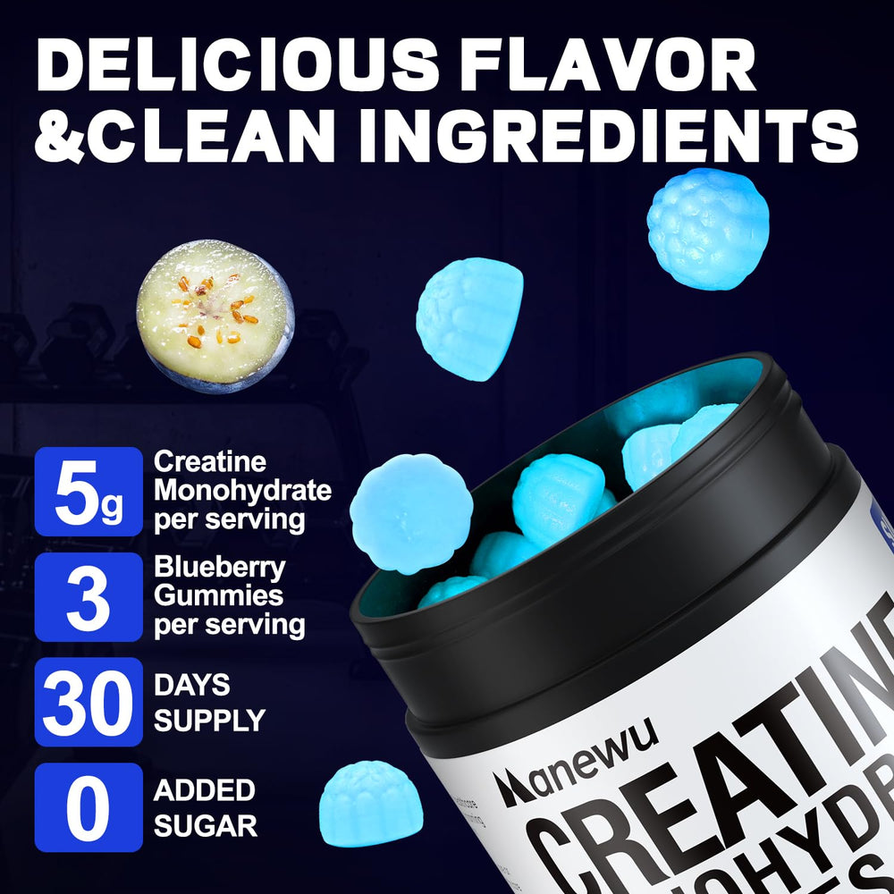 Close-up of Manewu gummies blueberry bottle highlighting sugar-free vegan formula for clean fueling.
