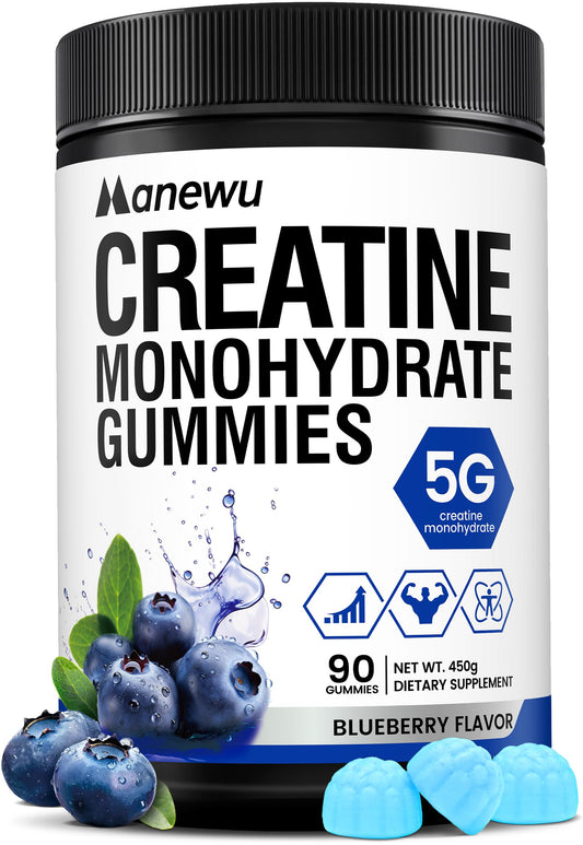 Manewu Creatine Monohydrate Gummies blueberry bottle on a clean counter for daily pre-workout support.