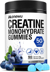 Manewu Creatine Monohydrate Gummies blueberry bottle on a clean counter for daily pre-workout support.