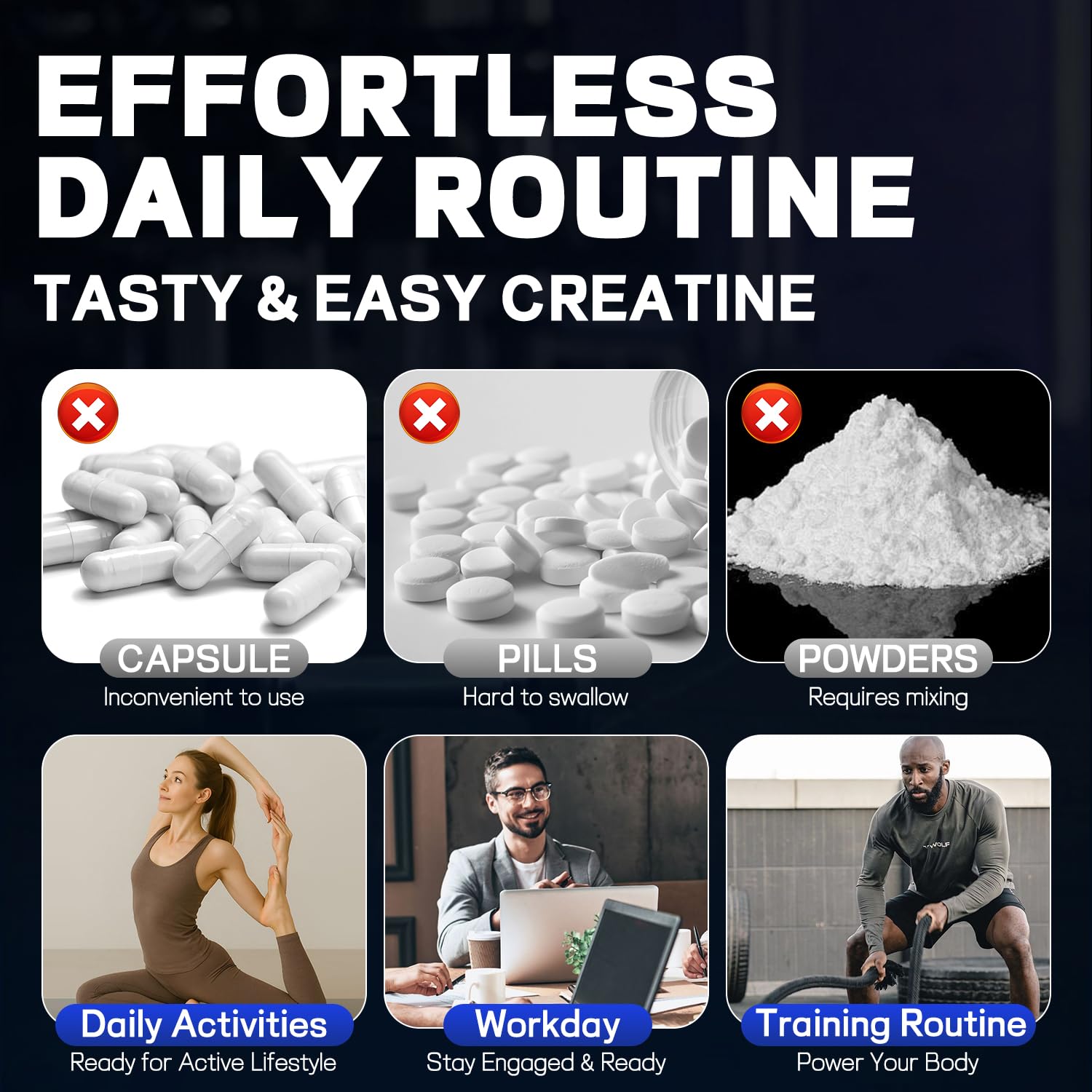 Gummies spilling from bottle to showcase convenient daily dose.