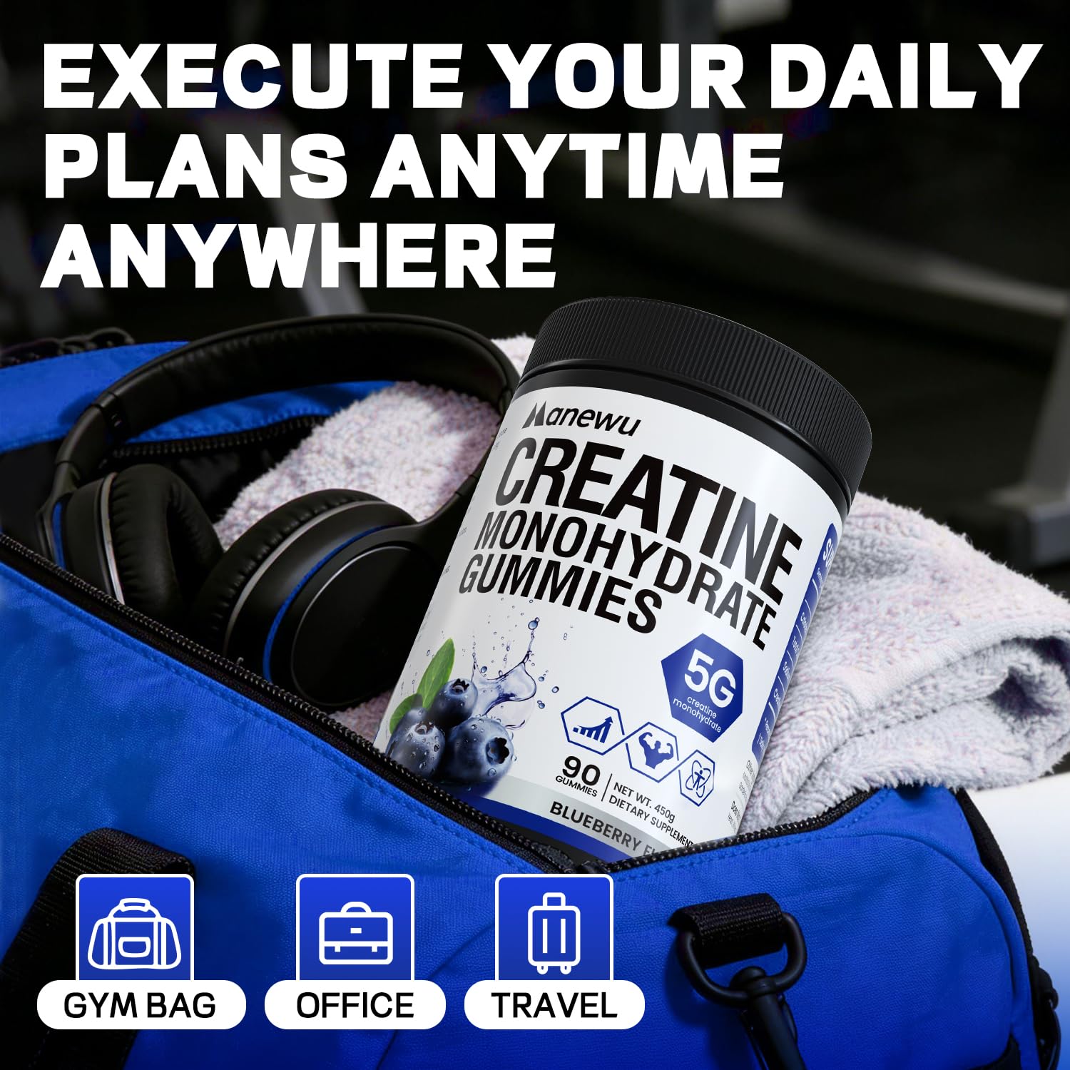 Gummies beside stopwatch and dumbbells suggesting pre- or post-workout use.