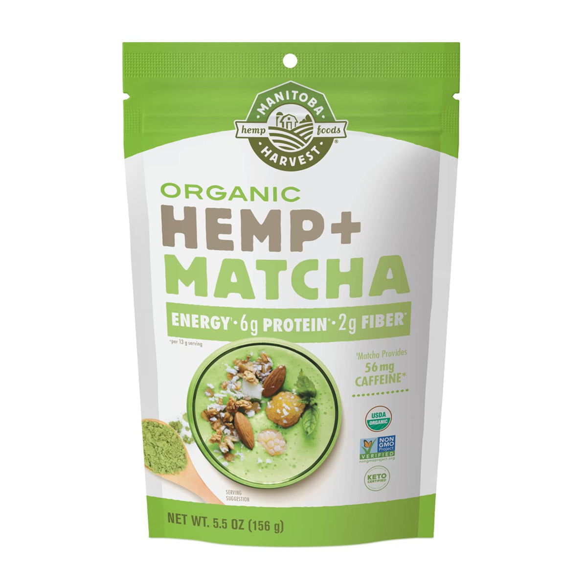 Manitoba Harvest hemp+matcha powder bottle highlighting protein and fiber for a filling breakfast