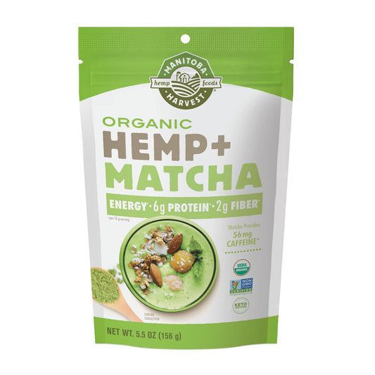 Manitoba Harvest hemp+matcha powder bottle highlighting protein and fiber for a filling breakfast