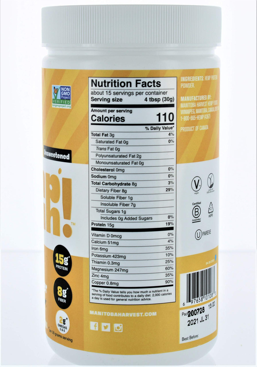 Manitoba Harvest hemp protein powder 2-pack back view displaying nutrition facts for informed choices