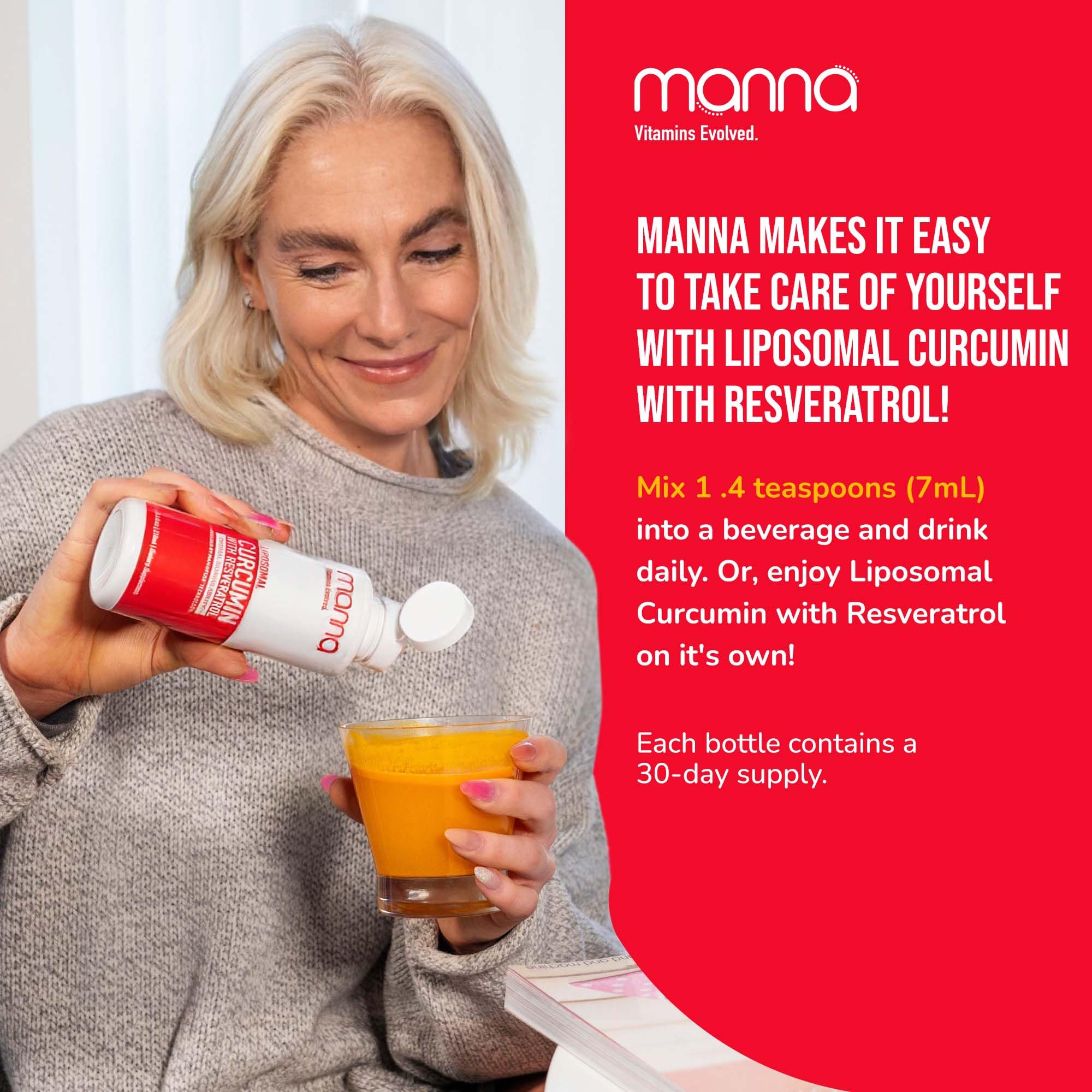 Manna Vitamins Evolved ingredients panel emphasizes liposomal delivery and antioxidants.