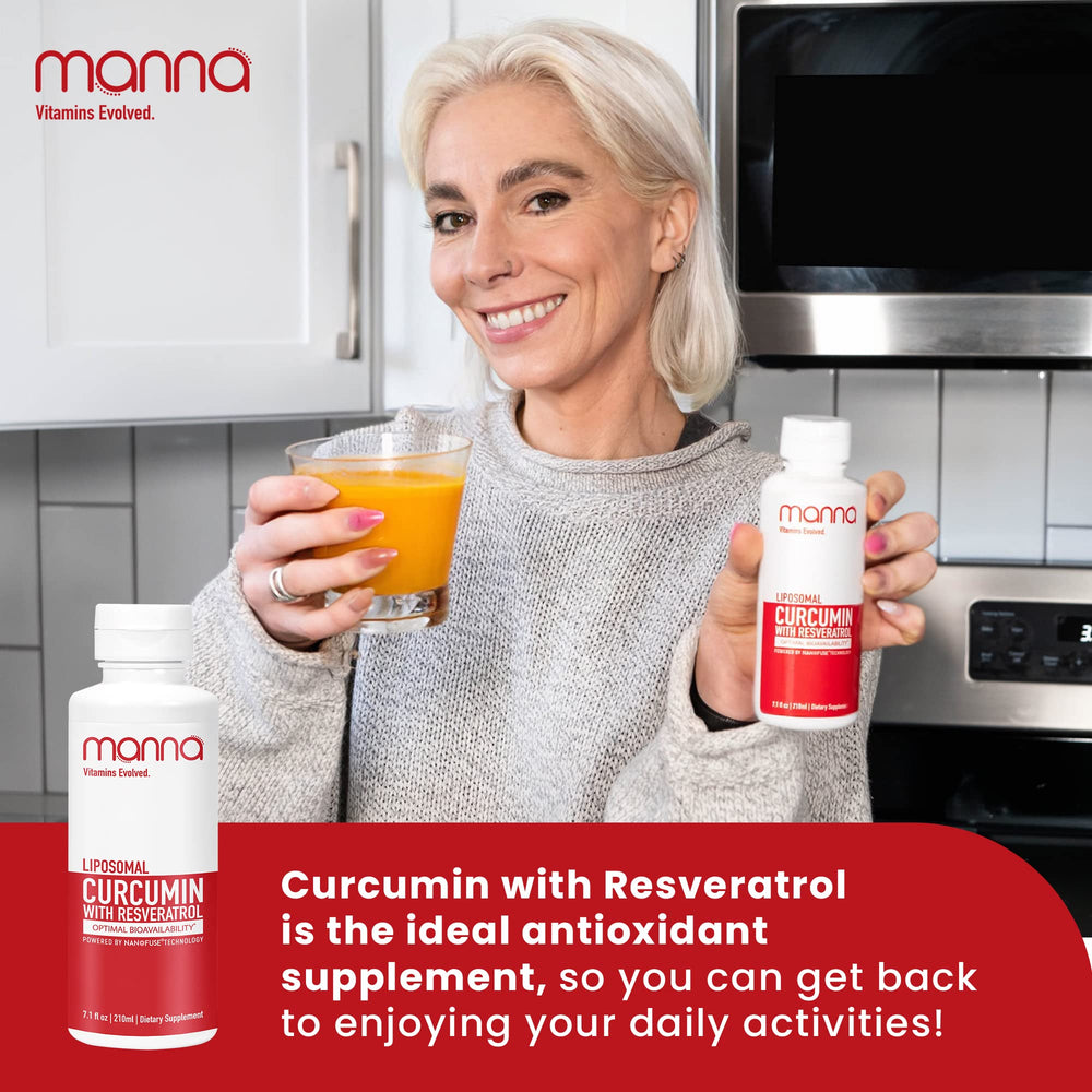 Manna Vitamins Evolved curcumin-resveratrol liquid being poured for daily use.