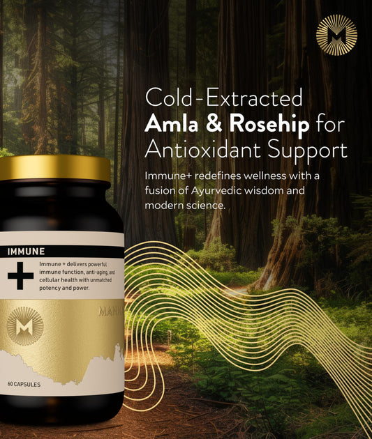 Manna Immune+ bottle label close-up highlighting amla and rosehip ingredients.