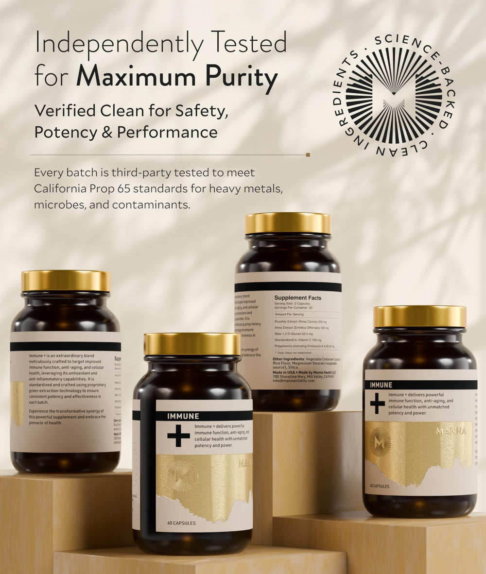 Manna Immune+ capsules close-up ready for daily use.