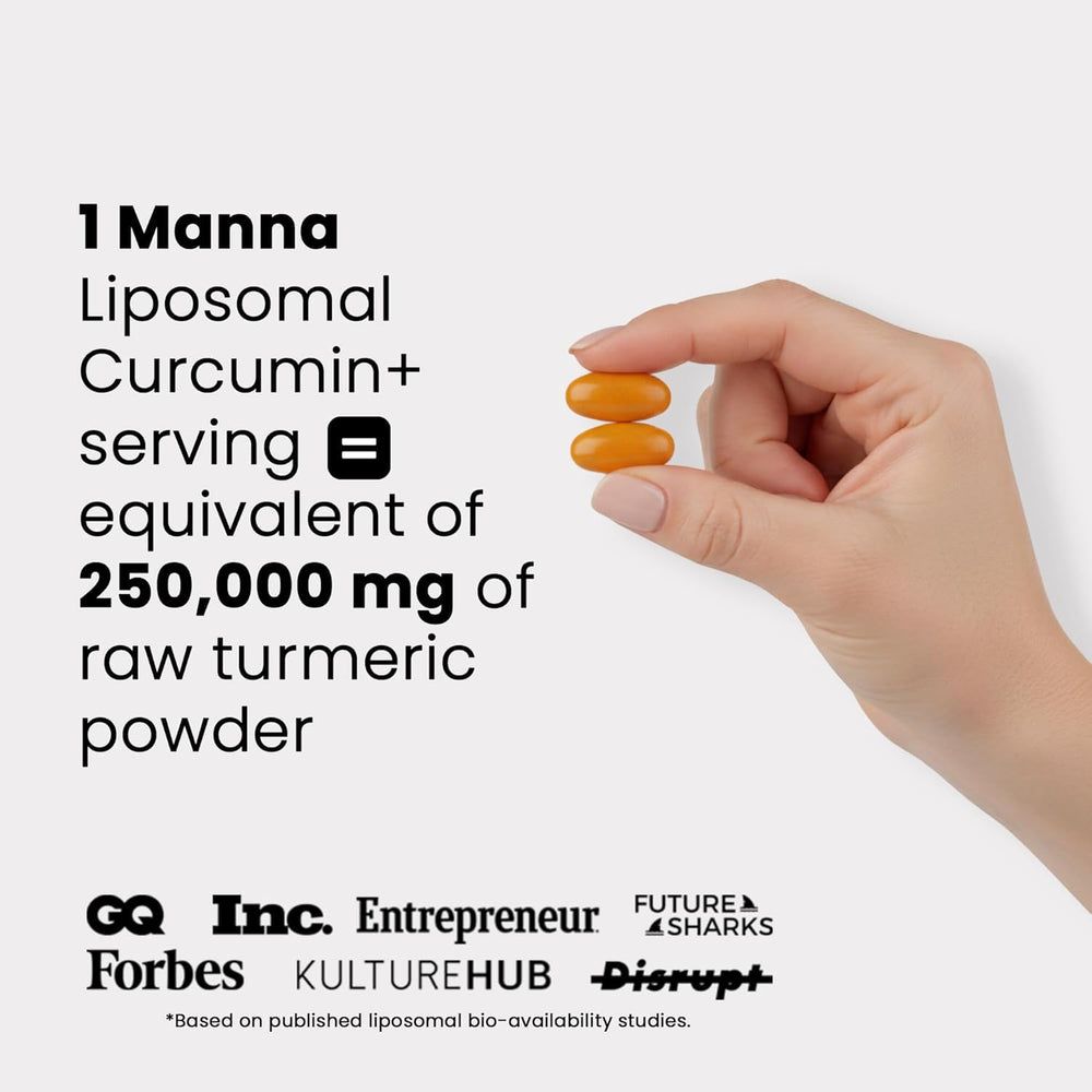 Manna Liposomal Curcumin+ Softgels closeup cap emphasizes 500mg dose for potency.