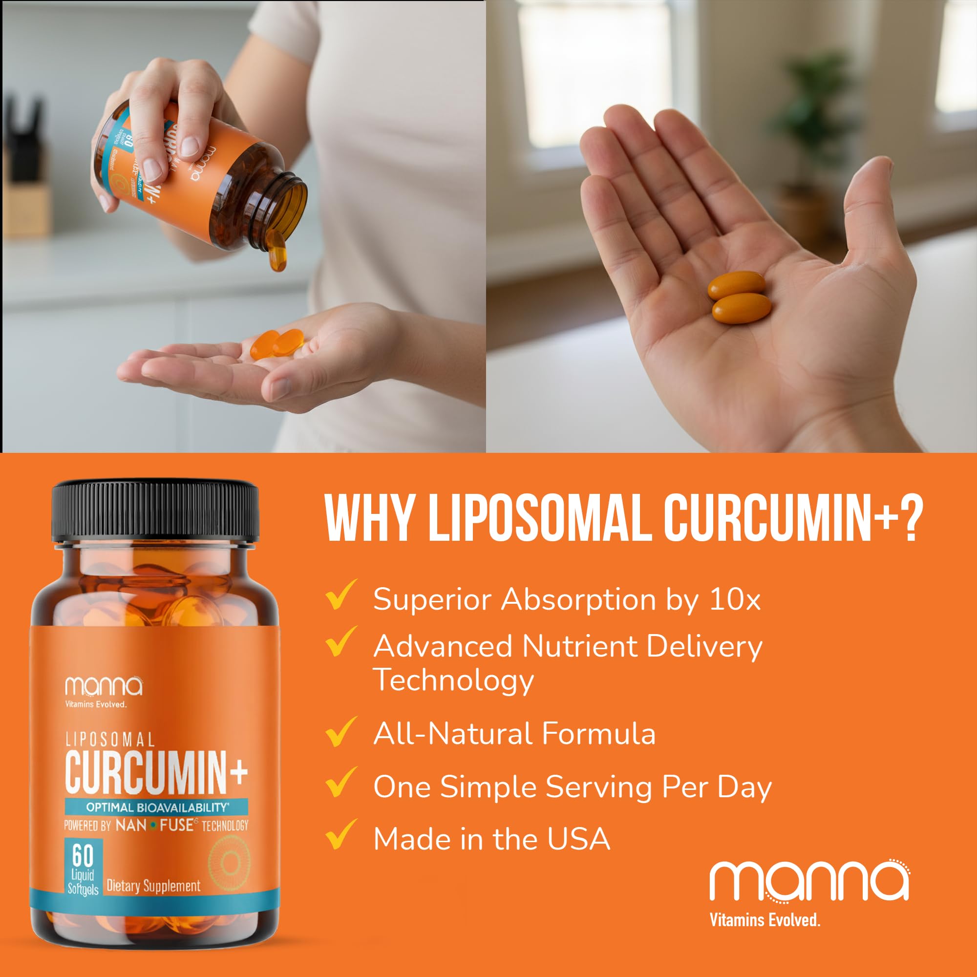 Manna Liposomal Curcumin+ Softgels flavorless capsules fit any routine.
