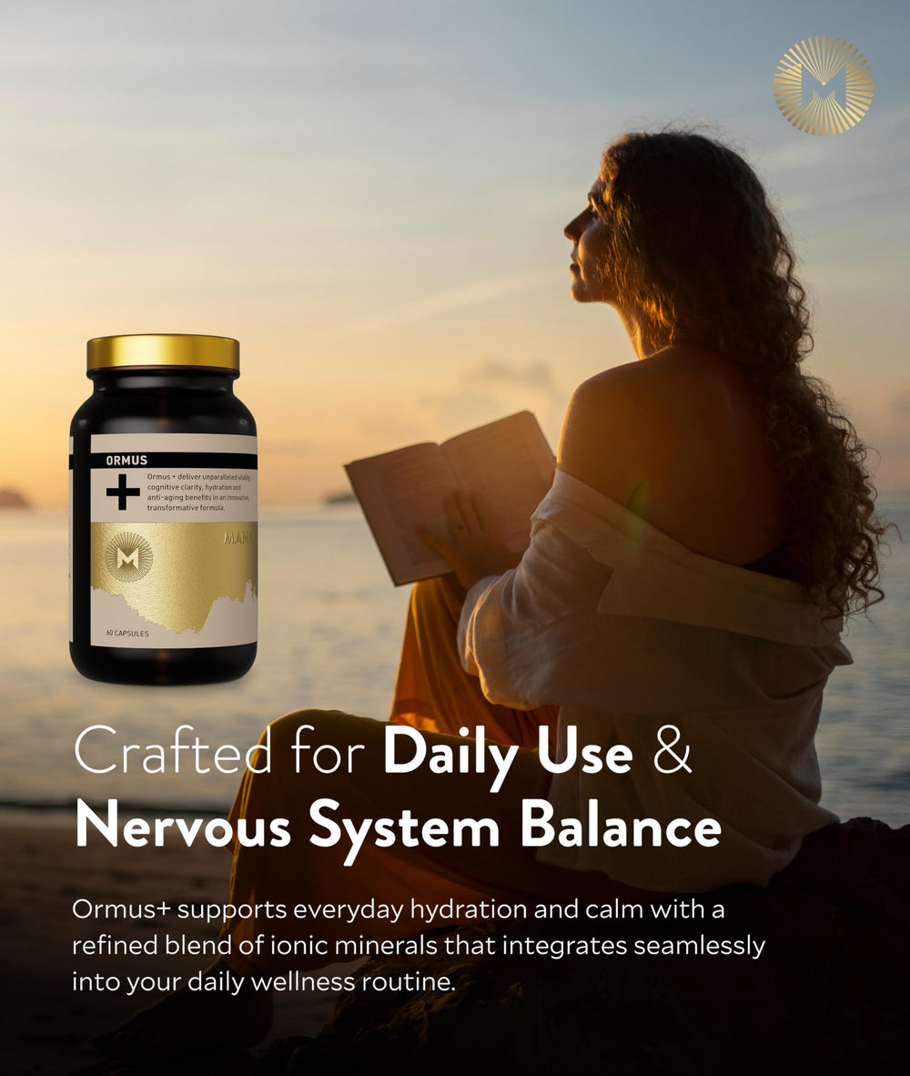 Manna Vitality Ormus+ bottle with water suggests hydration benefits.