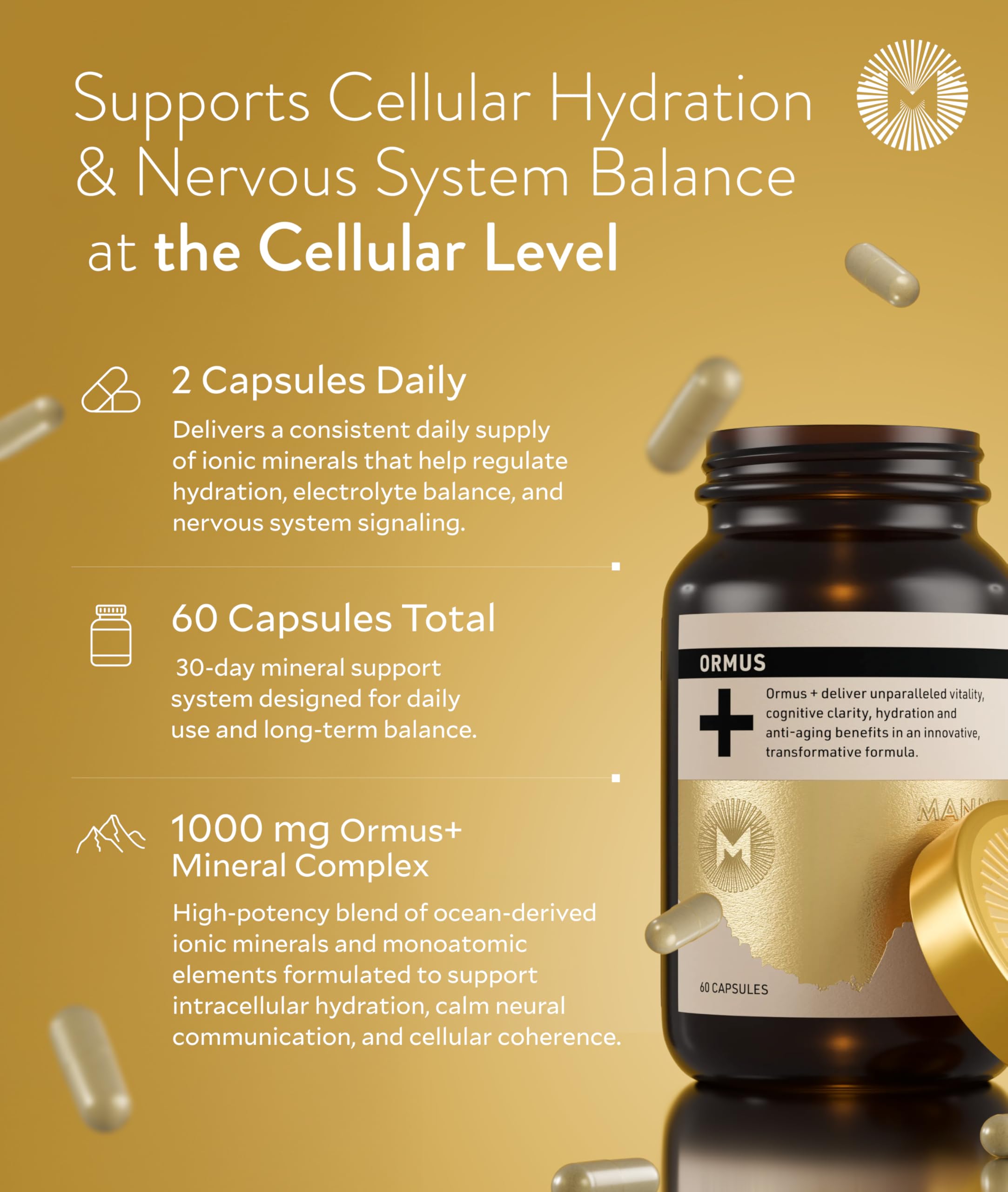 Manna Vitality Ormus+ capsules in hand signaling daily energy support.