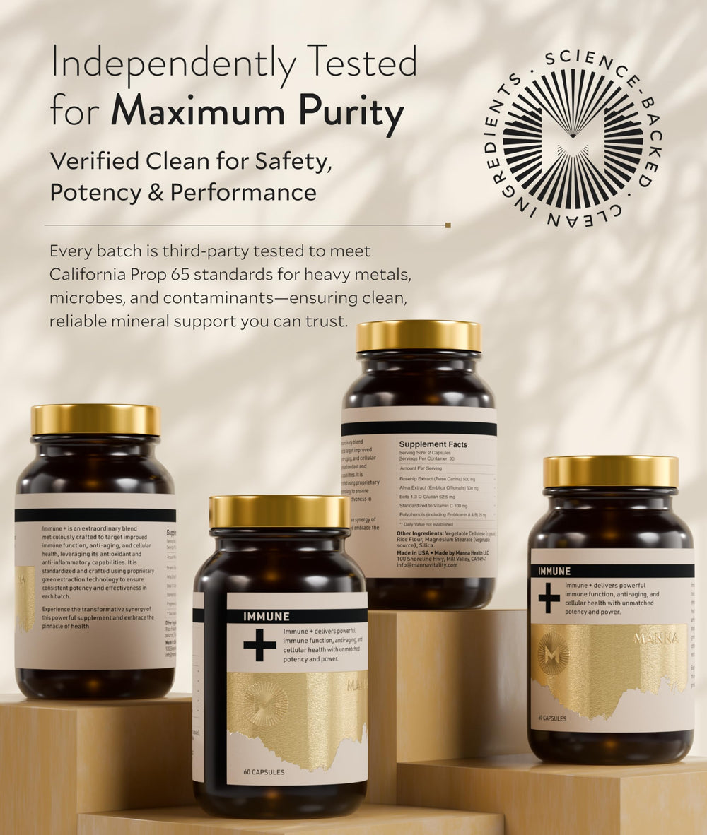 Manna Vitality Ormus+ capsules pour beside glass of water.