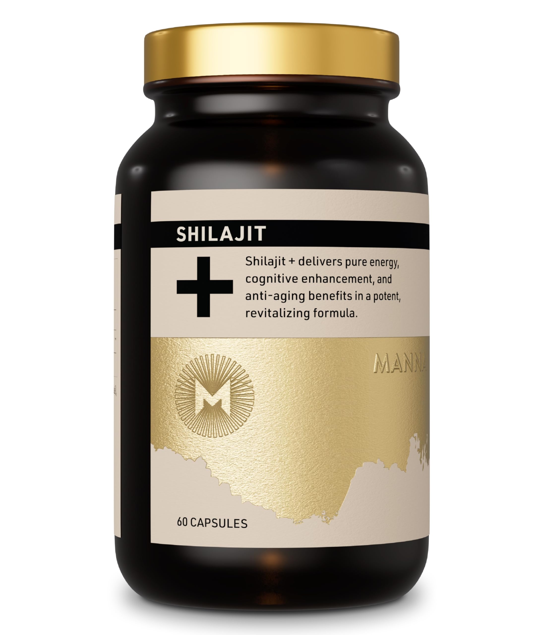 Manna Vitality Shilajit+ bottle closeup showing energy-supporting capsules