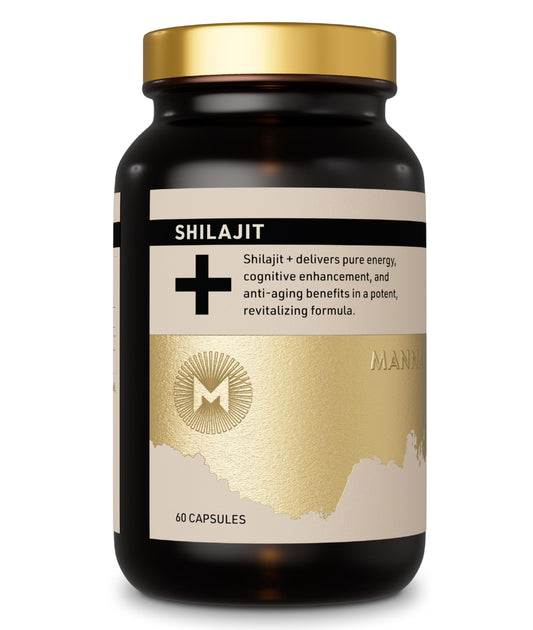 Manna Vitality Shilajit+ bottle closeup showing energy-supporting capsules