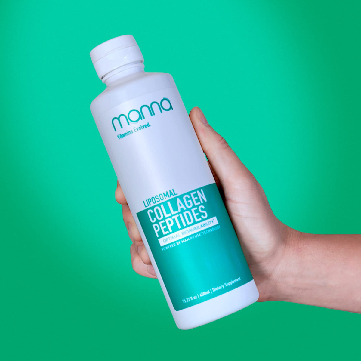 Manna Vitamins Evolved liposomal collagen bottle pours for easy daily use.