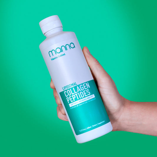 Manna Vitamins Evolved liposomal collagen bottle pours for easy daily use.
