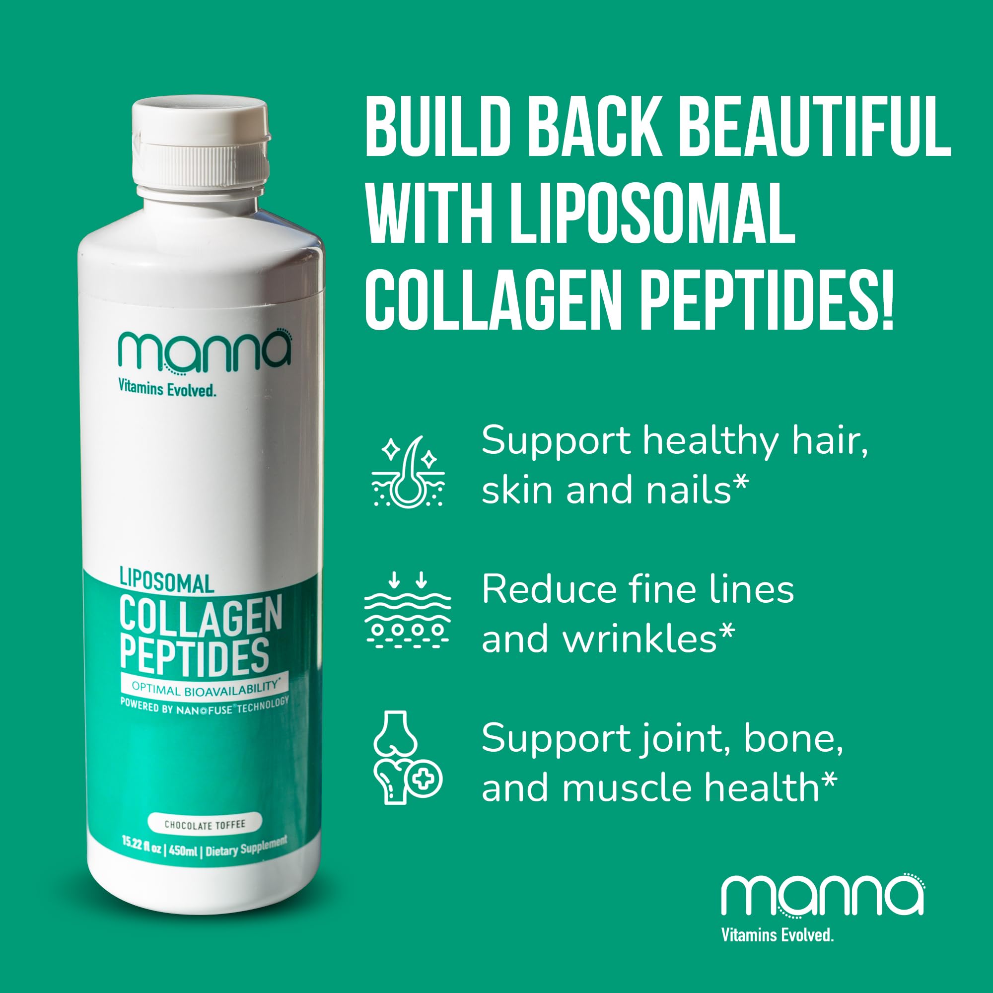 Manna Vitamins Evolved liposomal collagen liquid with measured dosing glass for convenience.