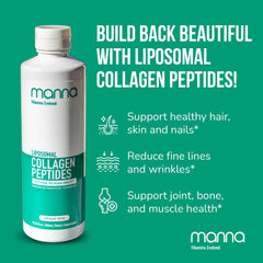 Manna Vitamins Evolved liposomal collagen liquid with measured dosing glass for convenience.