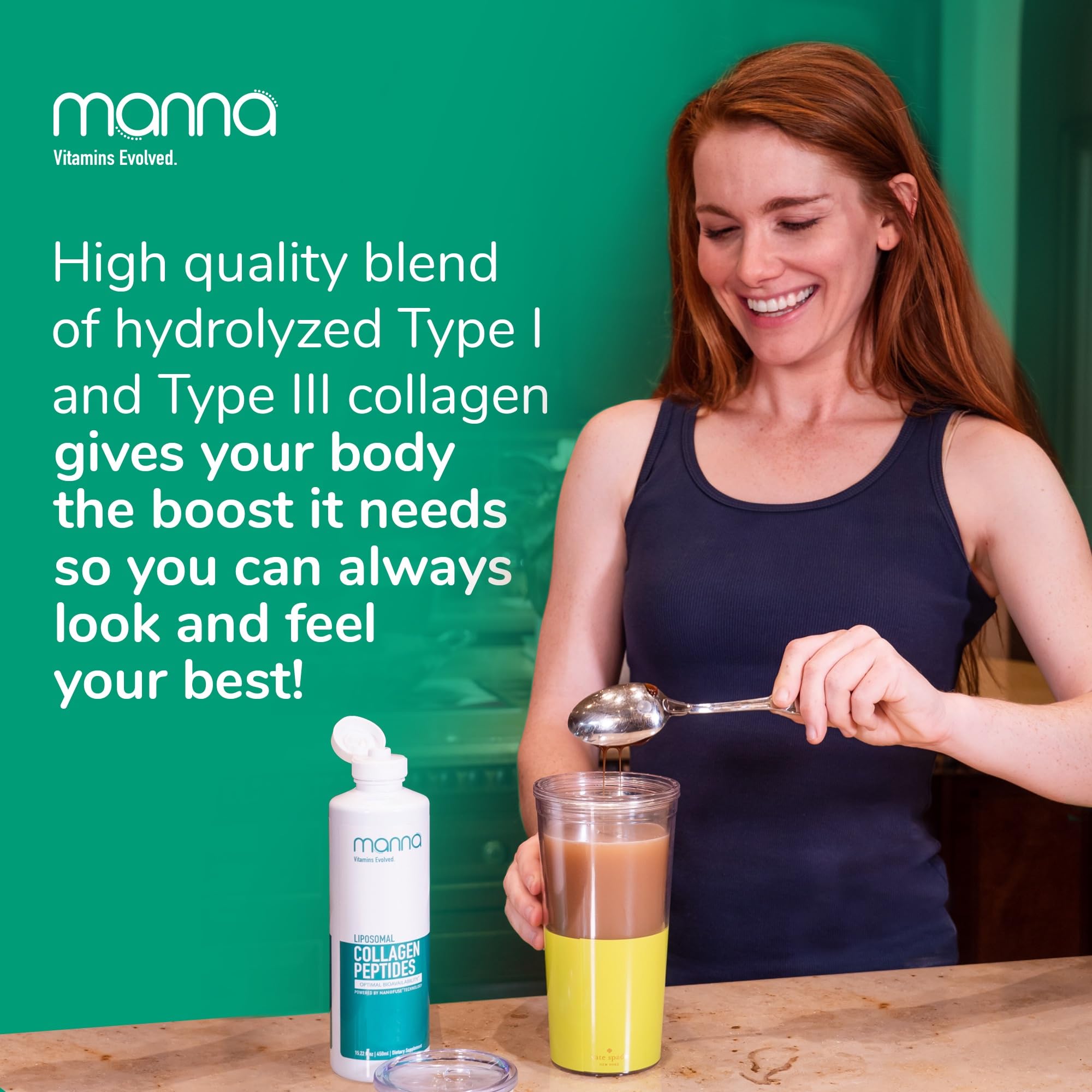 Manna Vitamins Evolved liposomal collagen liquid grass-fed origin highlighted on label.