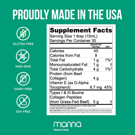 Manna Vitamins Evolved liposomal collagen peptides label closeup shows grass-fed origin.