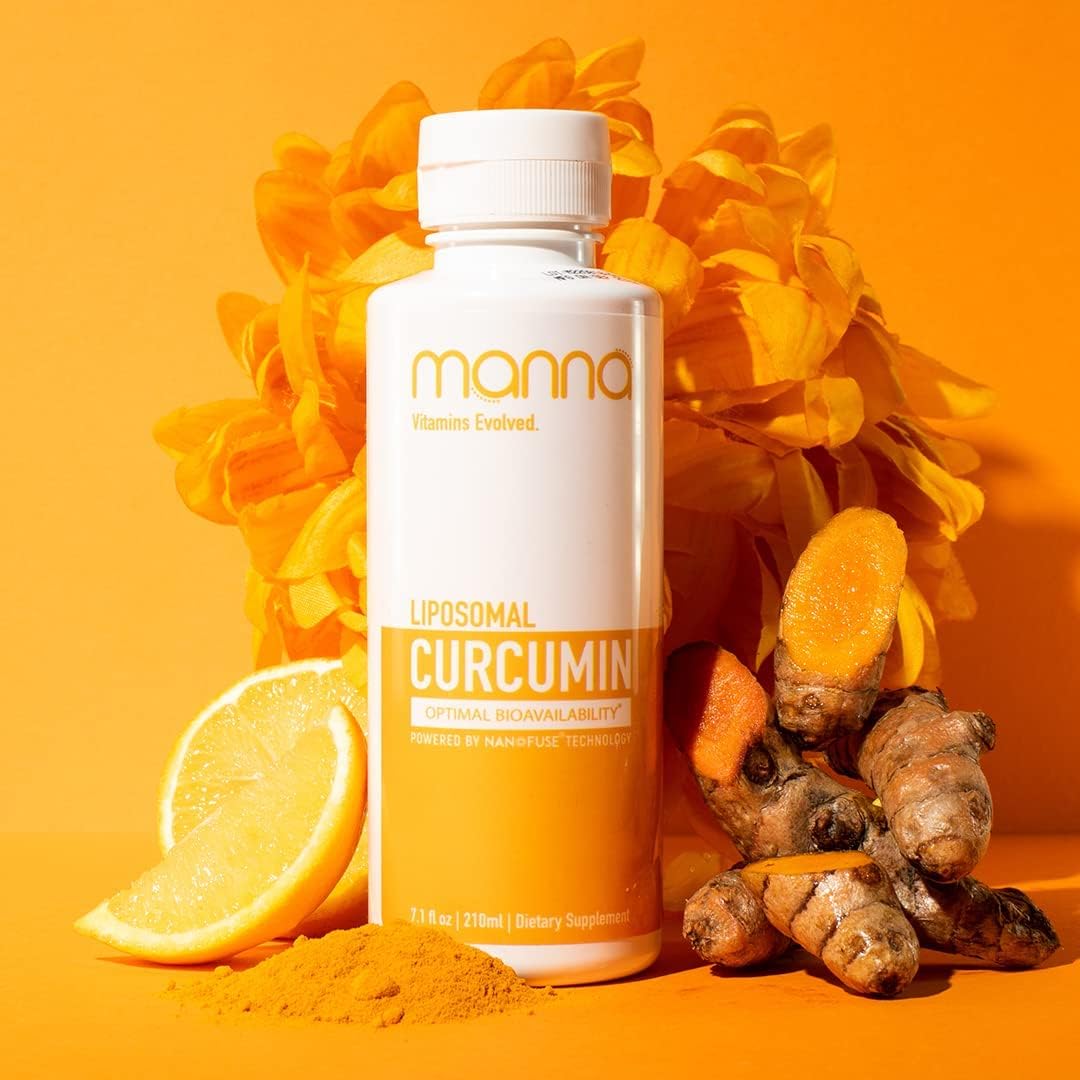 Manna Vitamins Evolved liposomal curcumin bottle pour highlights enhanced absorption.
