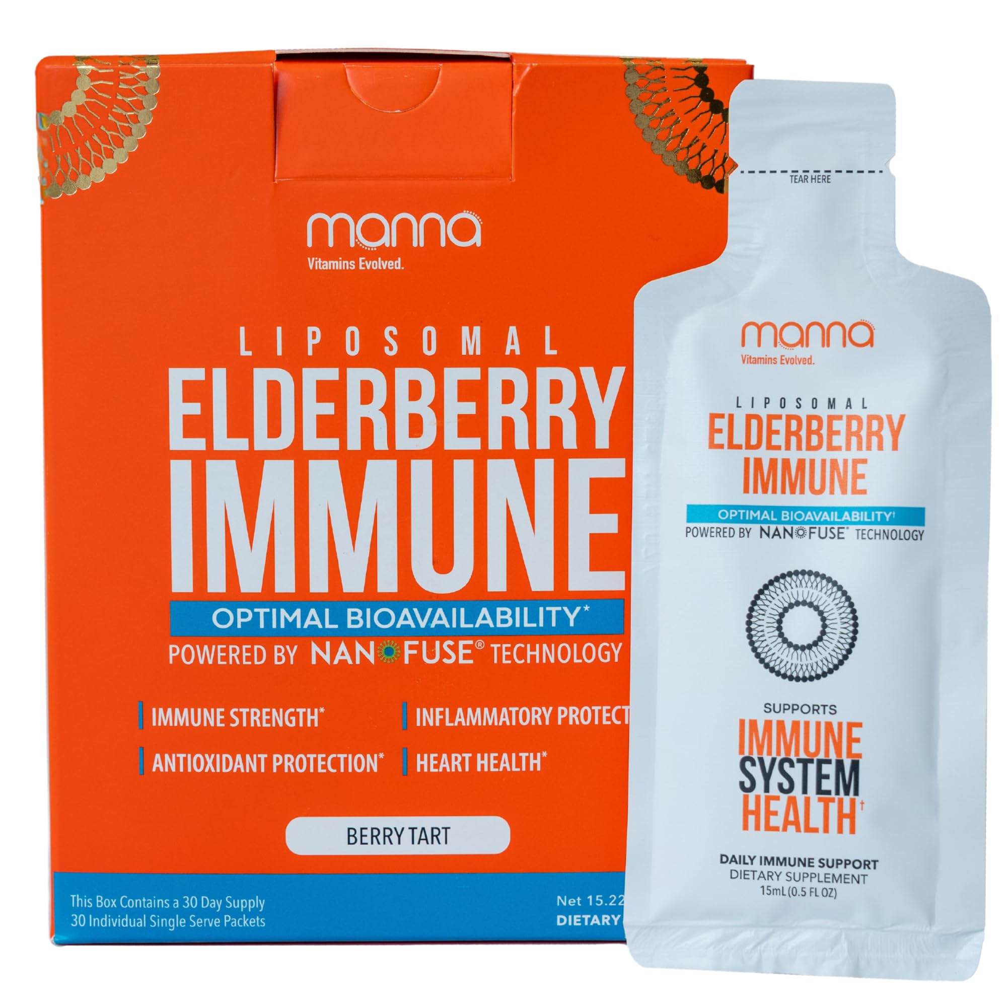Manna Vitamins Evolved liposomal elderberry packets displayed for on-the-go immunity