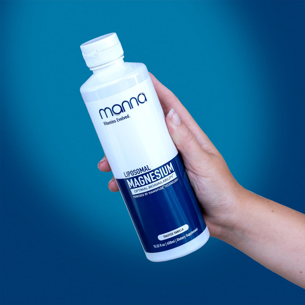 Manna Vitamins Evolved liposomal magnesium bottle promotes relaxation and smoother evenings.