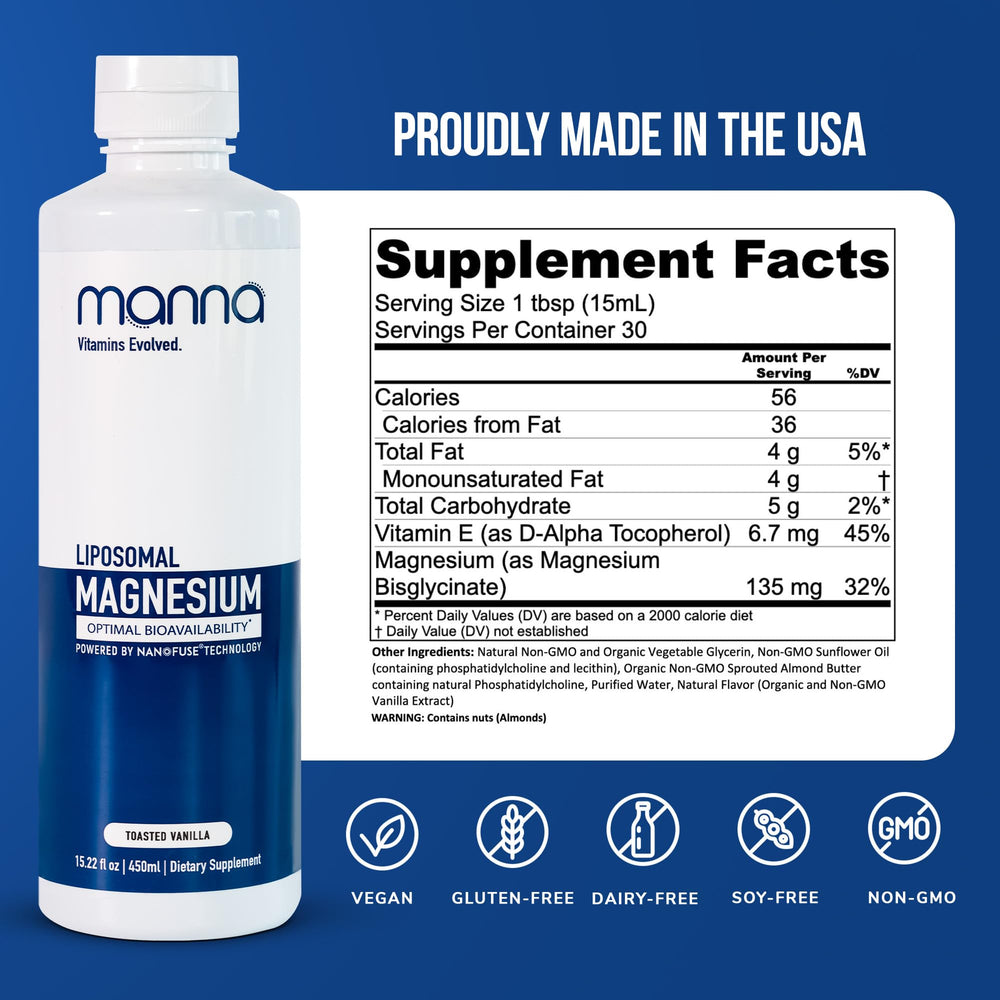 Manna liposomal magnesium pour illustrates easy dosing for daily calm and focus.