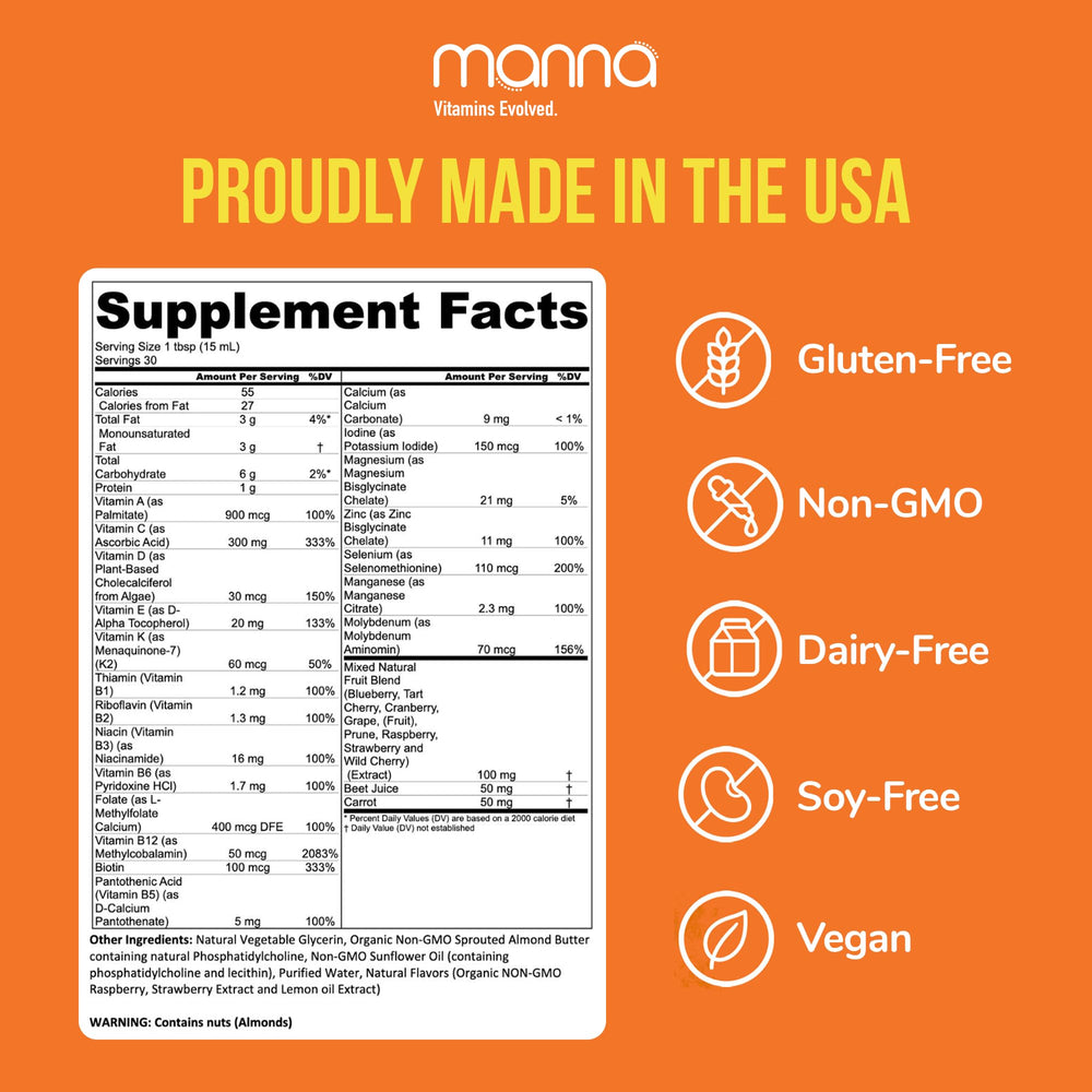 Manna Vitamins Evolved liposomal multivitamin bottle back label detailing 20 essential nutrients