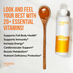 Manna liposomal multivitamin capsules beside bottle emphasize easy daily dose