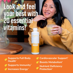 Close-up ingredient panel featuring vitamin C, D, zinc and minerals