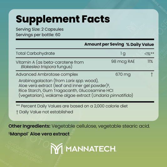 Mannatech Advanced Ambrotose capsules close-up highlighting easy intake