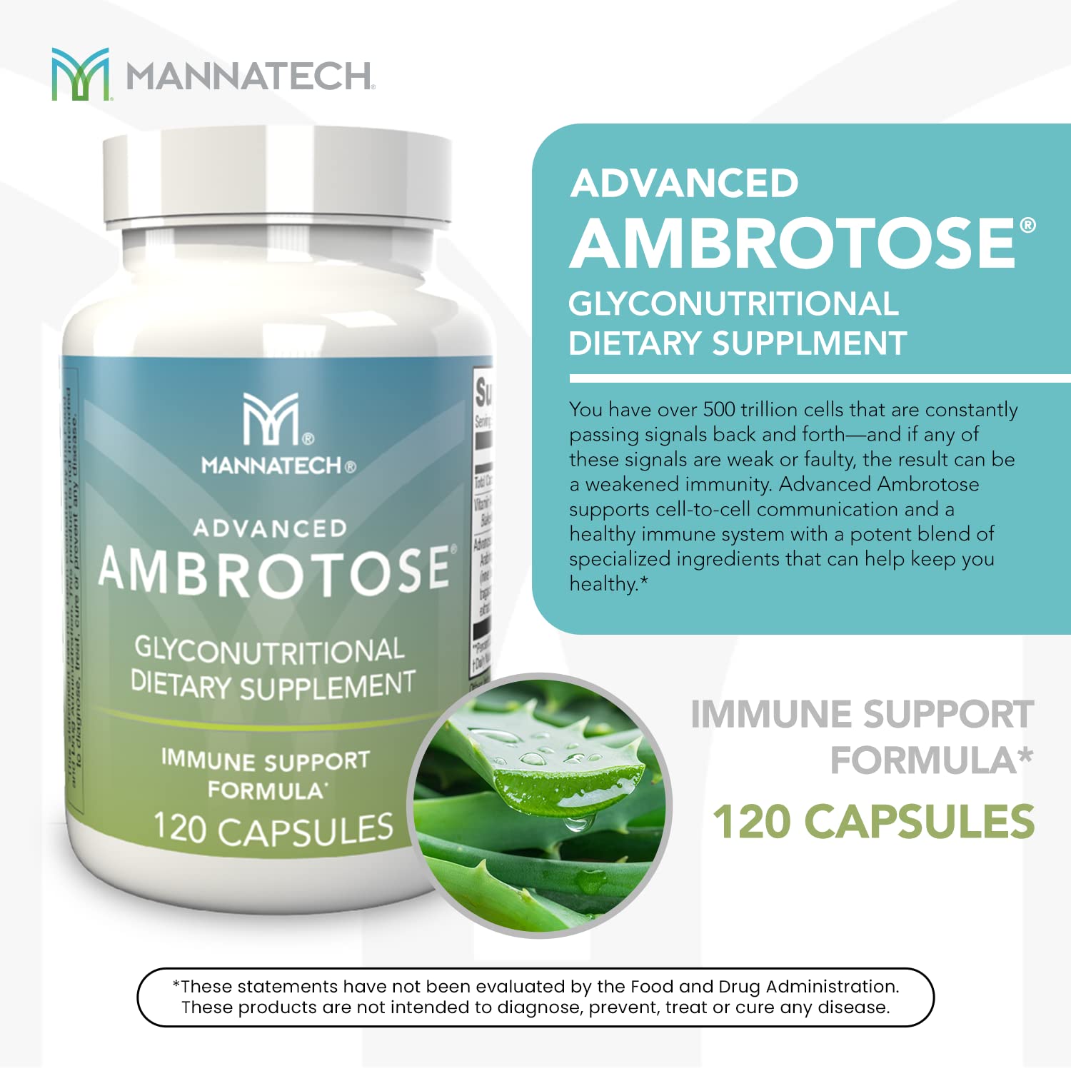 Mannatech Ambrotose label front showing Aloe Vera and Vitamin A ingredients