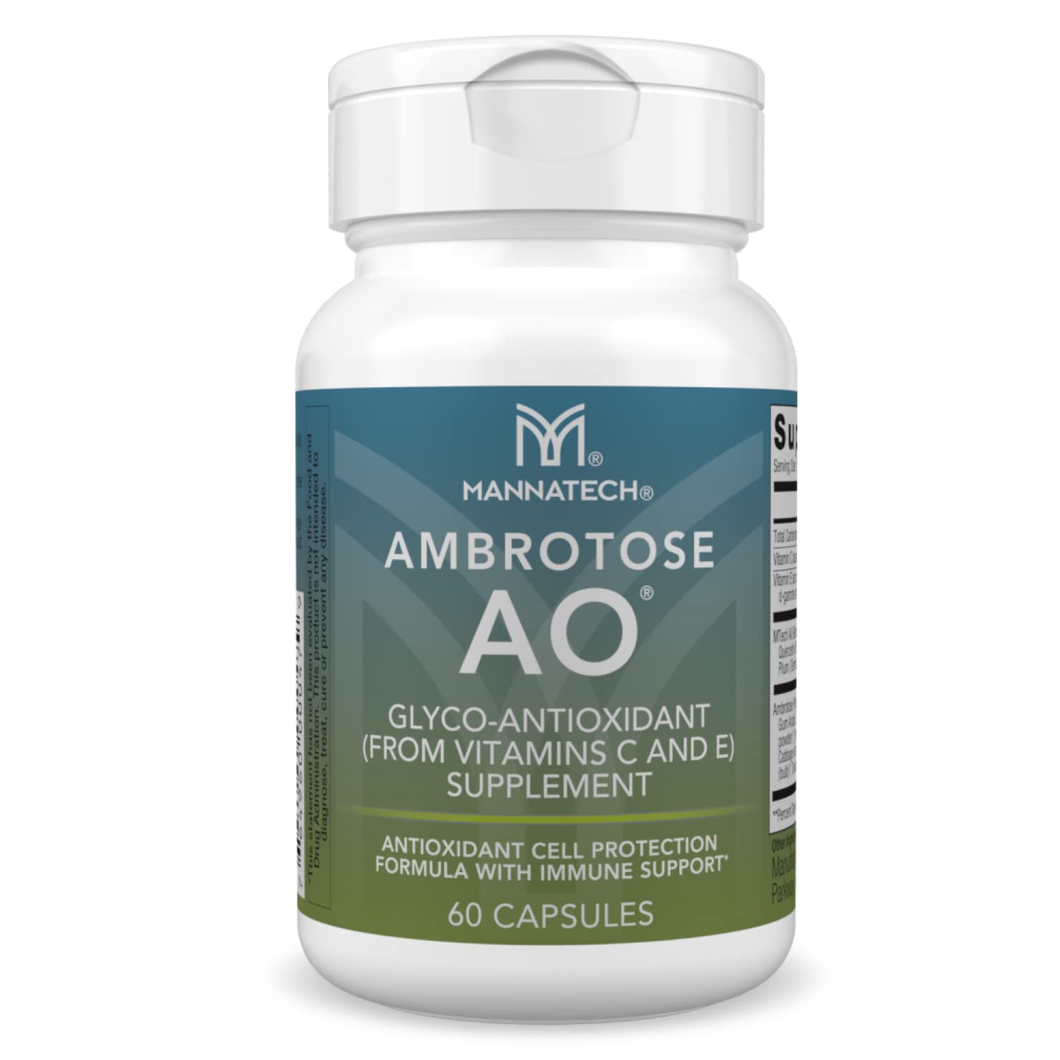 Mannatech Ambrotose AO 60 capsules bottle highlighting convenient daily antioxidant support.